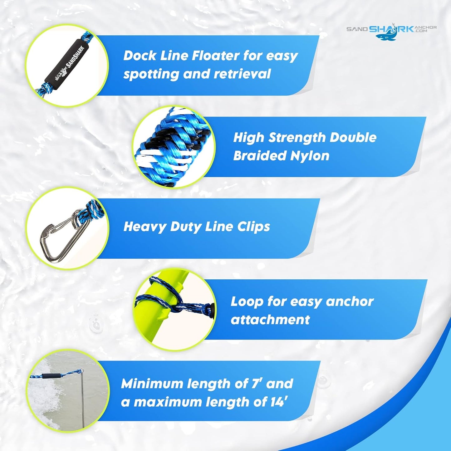 Sandshark Premium Anchor Bungee Dock Line. Boat Accessories Anchor Line Absorbs Shock to Anchors and Docks W/Stainless Steel Clip - Blue - 7-14Ft