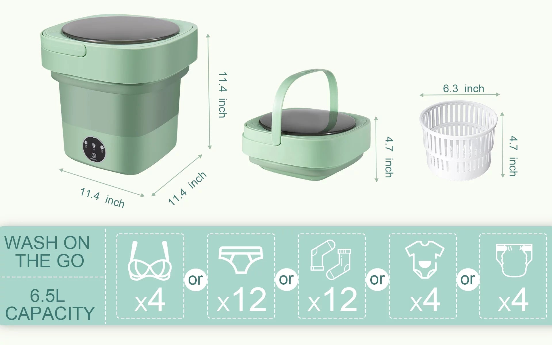 6.5L Mini Washing Machine, Foldable Washer, Small Portable Washing Machine for Apartment, Laundry, Camping, RV, Travel, Underwear, Socks, Baby Clothes (110V-260V)