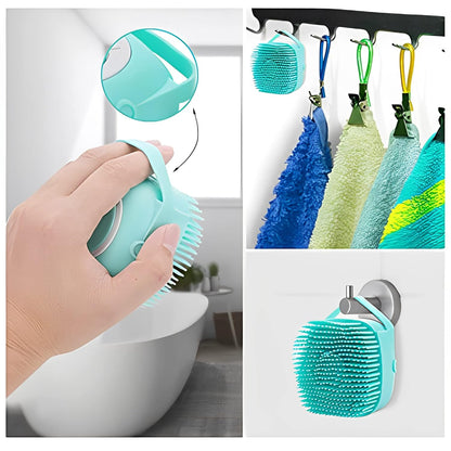Silicone Rubber Bath Brush for Dogs and Cats - Grooming, Cleaning, and Massage Tool with Soft Shampoo Dispenser (Blue)