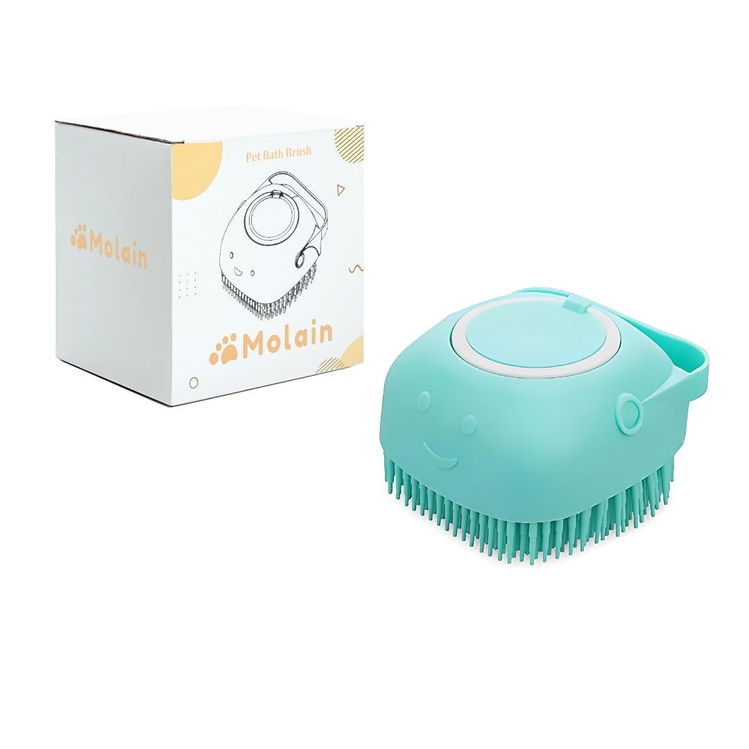 Silicone Rubber Bath Brush for Dogs and Cats - Grooming, Cleaning, and Massage Tool with Soft Shampoo Dispenser (Blue)