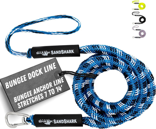 Sandshark Premium Anchor Bungee Dock Line. Boat Accessories Anchor Line Absorbs Shock to Anchors and Docks W/Stainless Steel Clip - Blue - 7-14Ft