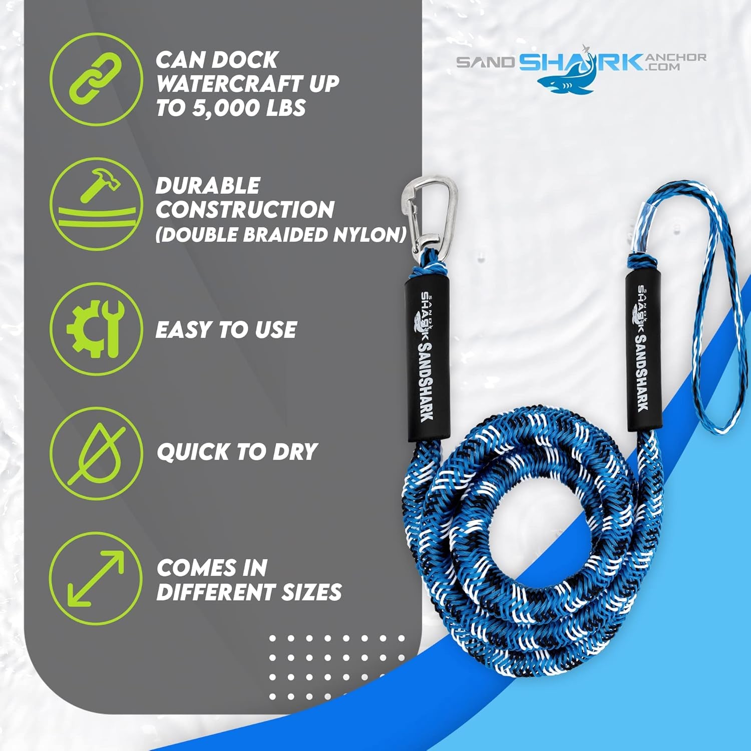 Sandshark Premium Anchor Bungee Dock Line. Boat Accessories Anchor Line Absorbs Shock to Anchors and Docks W/Stainless Steel Clip - Blue - 7-14Ft