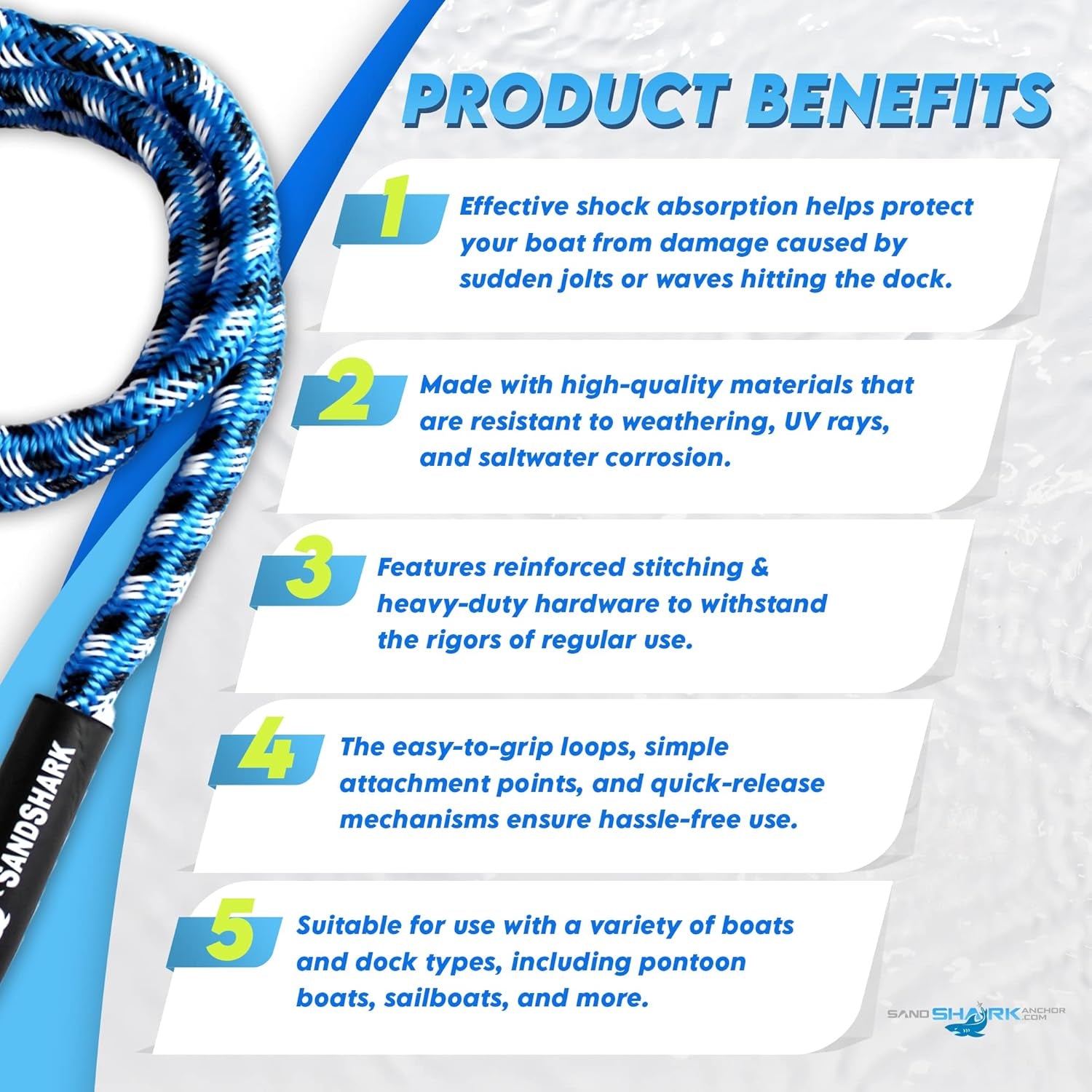 Sandshark Premium Anchor Bungee Dock Line. Boat Accessories Anchor Line Absorbs Shock to Anchors and Docks W/Stainless Steel Clip - Blue - 7-14Ft