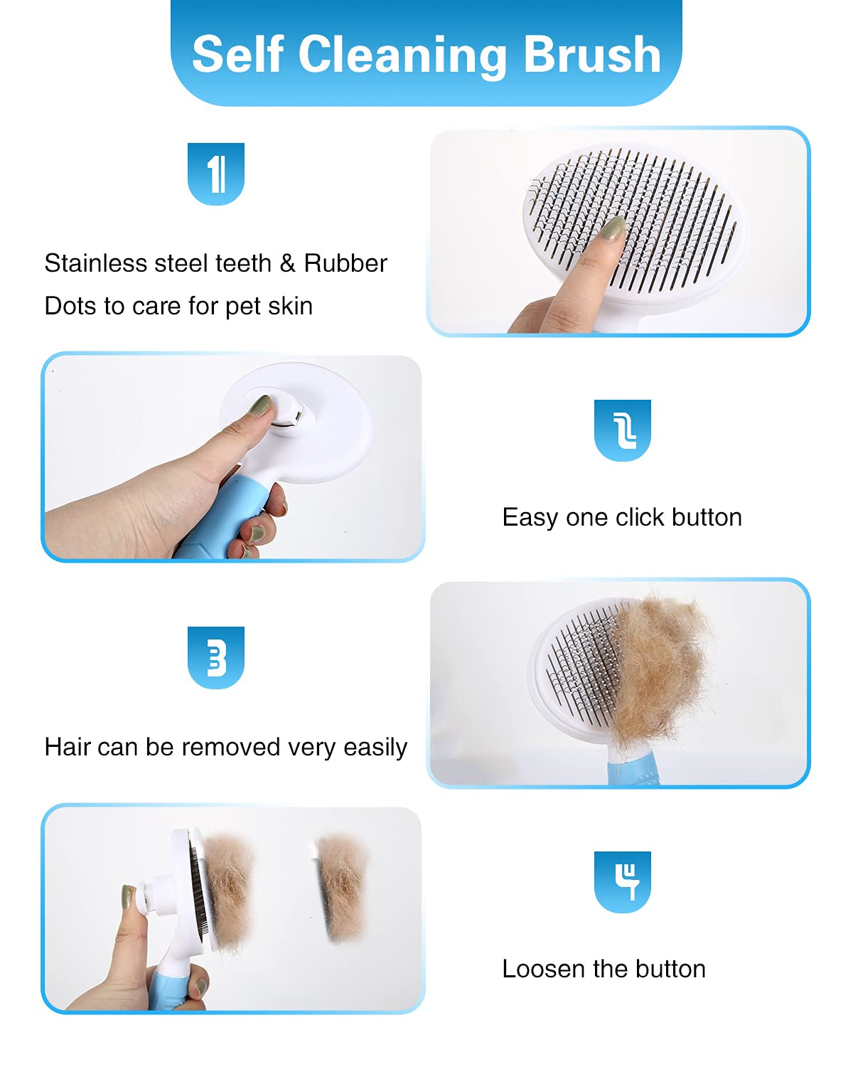 Self-Cleaning Slicker Brush for Effective Shedding and Grooming, Ideal for Removing Loose Undercoat and Mats in Short and Long-Haired Pets (Blue)