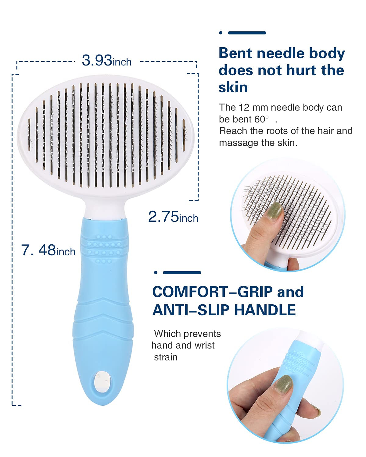 Self-Cleaning Slicker Brush for Effective Shedding and Grooming, Ideal for Removing Loose Undercoat and Mats in Short and Long-Haired Pets (Blue)