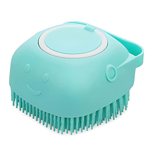 Silicone Rubber Bath Brush for Dogs and Cats - Grooming, Cleaning, and Massage Tool with Soft Shampoo Dispenser (Blue)