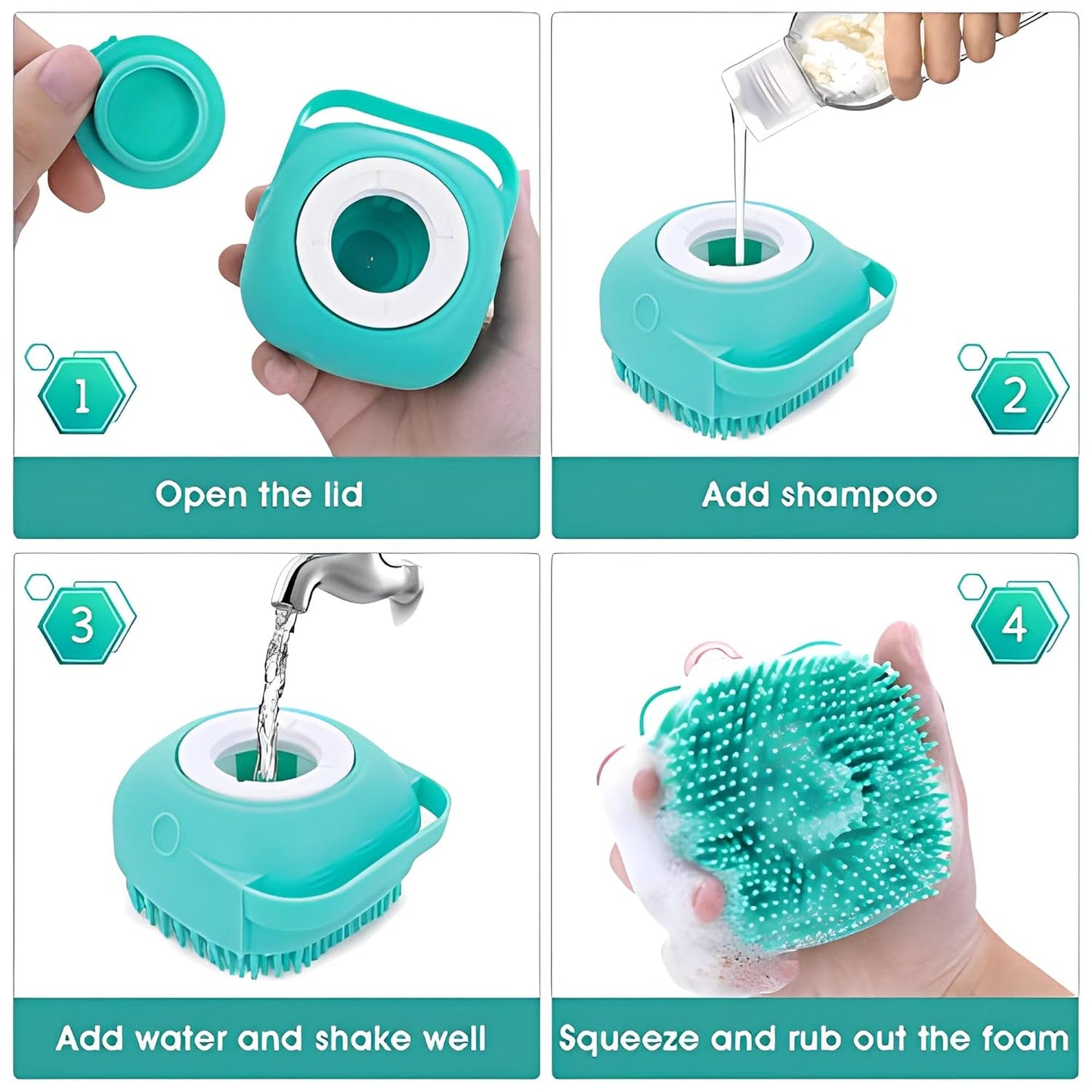 Silicone Rubber Bath Brush for Dogs and Cats - Grooming, Cleaning, and Massage Tool with Soft Shampoo Dispenser (Blue)