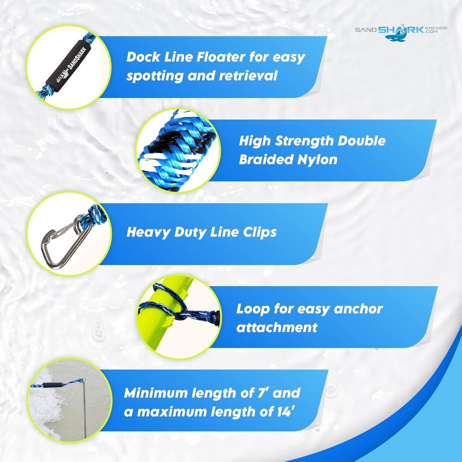 Sandshark Premium Anchor Bungee Dock Line. Boat Accessories Anchor Line Absorbs Shock to Anchors and Docks W/Stainless Steel Clip - Blue - 7-14Ft